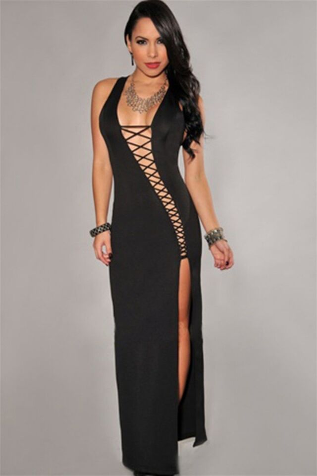 Terry Pau TP100839 Bağlamalı Seksi Uzun elbise