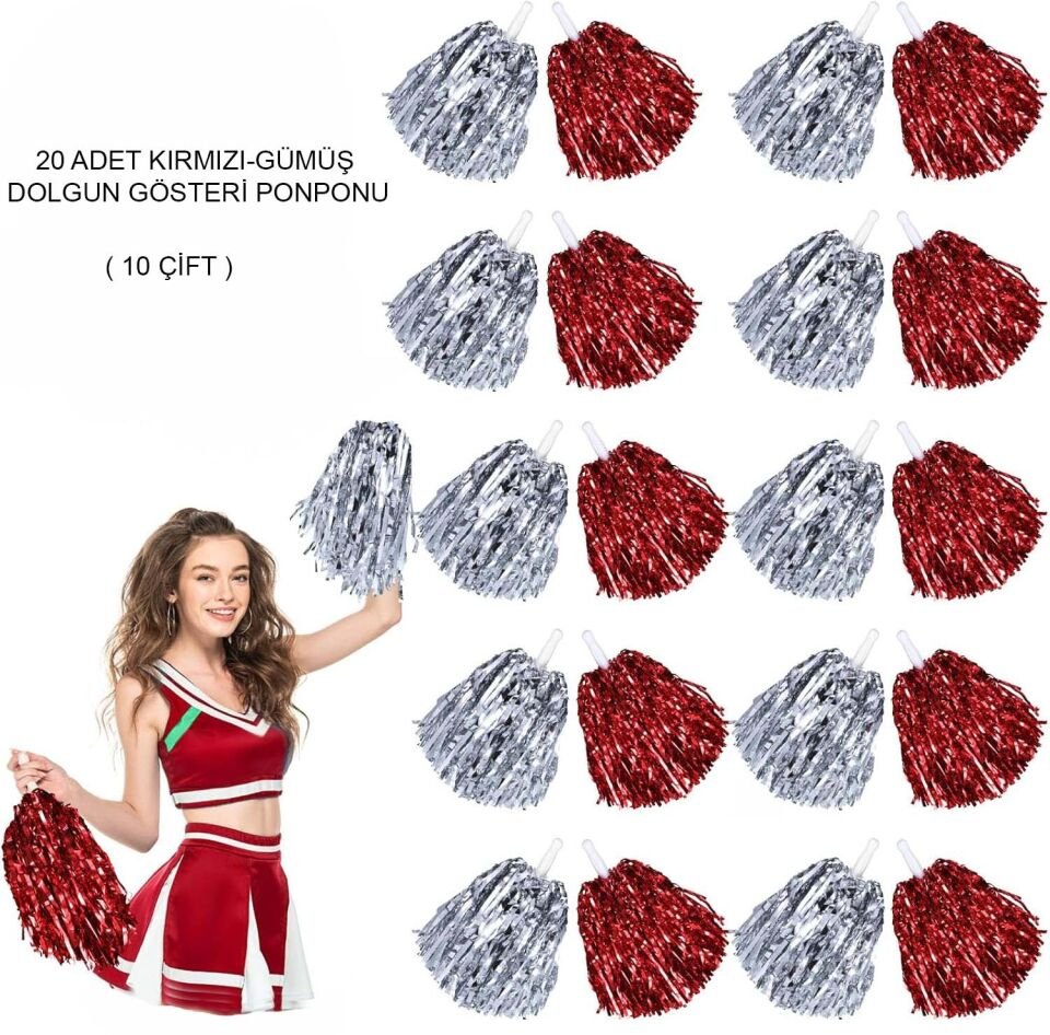 Kırmızı Gümüş Metalik Dolgun Gösteri Ponponu - 20 Adet (10 Çift)