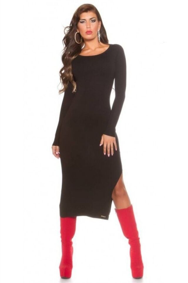 Terry Pau TP101171 Uzun Kollu Yırtmaçlı Kalem Elbise