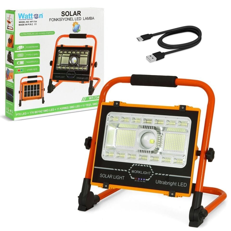 WT-734 P70 LED Solar Panel Şarjlı Taşınabilir Projektör (176 SMD + Yan LED)