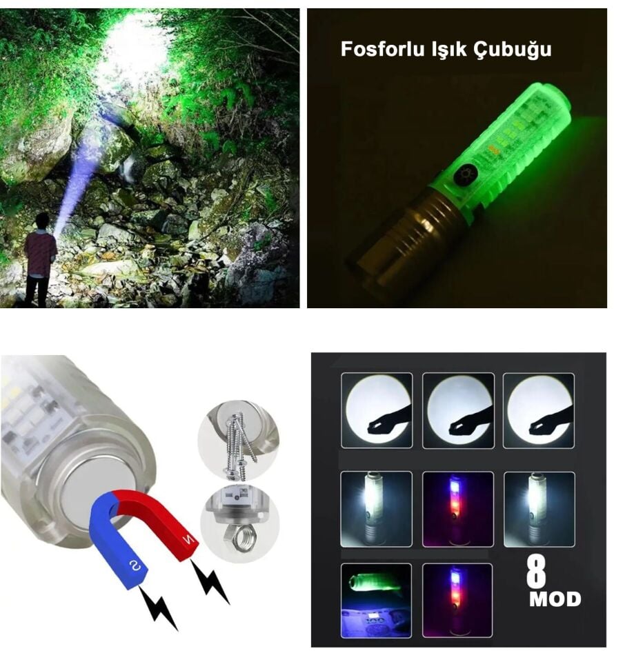 El Feneri 8 Mod Şarjlı Fosforlu Mıknatıslı Led El Feneri