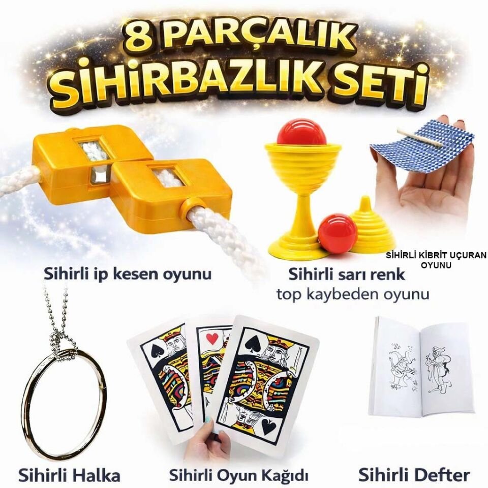 8’li Sihirbazlık Seti (Kibrit, Defter, Halka, Kupa, İp, 3’lü Kart)