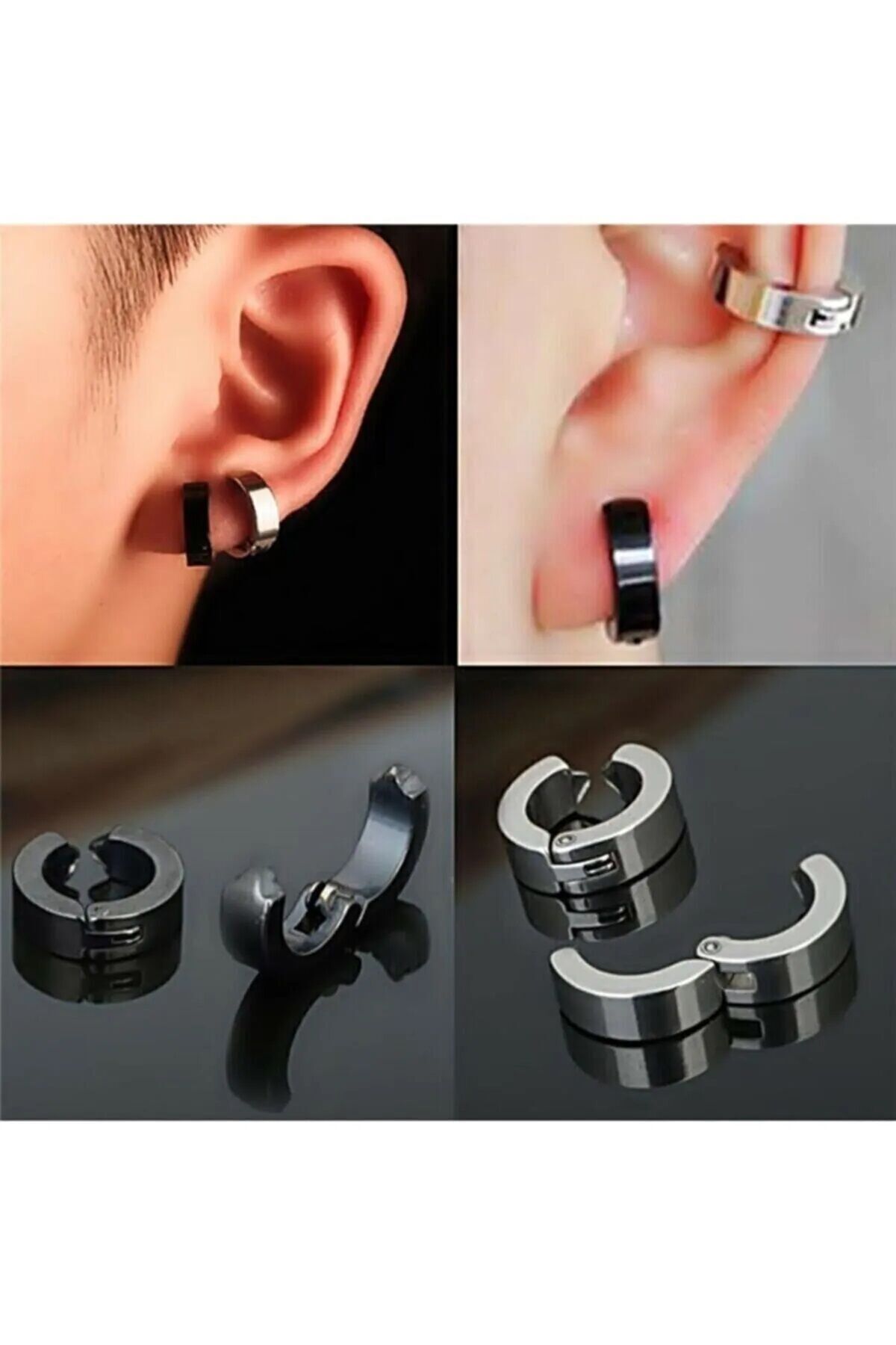 Erkek Küpesi - 1 Adet Çelik Kıstırmalı Küpe Paslanmaz Atmaz Çelik Gümüş Renk Küpe