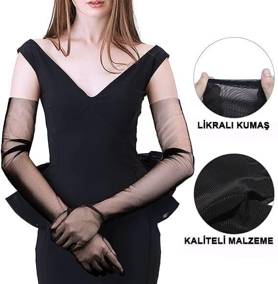 Uzun Boy Likralı Siyah Renk Yetişkin Mega Tül Eldiven 53 cm