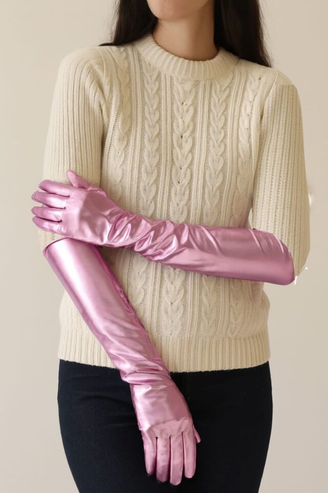 Uzun Boy Ekstra Parlak Eldiven Pembe Renk İç Kısım Vinleks Deri Dirsek Boyu
