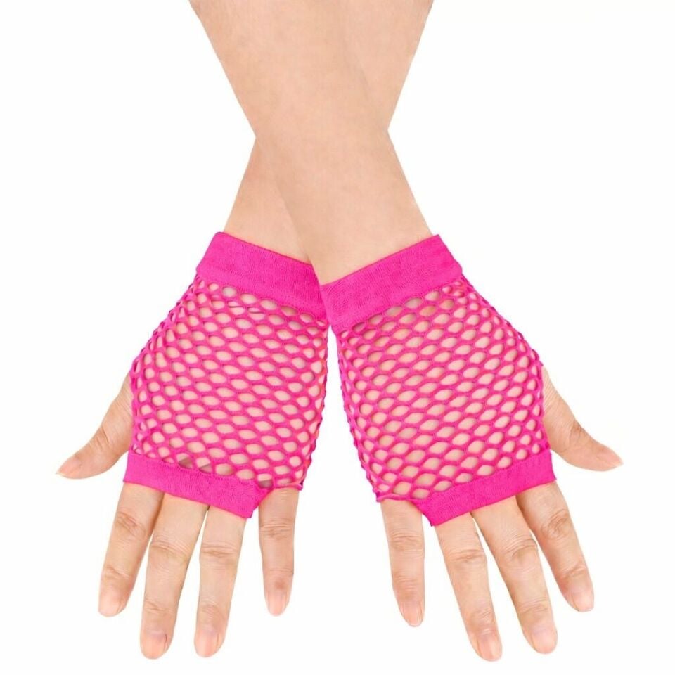 80’ler 90’lar Retro Neon Fuşya Şeker Pembesi File Parmaksız Kısa Eldiven 11 cm