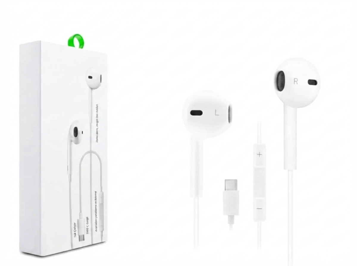 Type-C Mikrofonlu Kablolu Kulaklık - Ses Kontrol Tuşlu Beyaz (Tüm Type-C Cihazlarla Uyumlu)