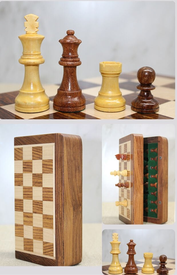 Özel Vernikli Mıknatıs Taşlı Ahşap Katlanabilir Kutulu Satranç Oyunu 12.5 Cm