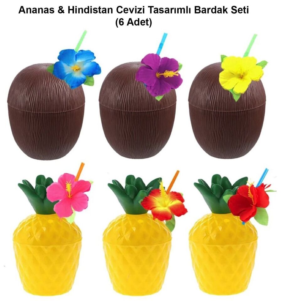 Ananas & Hindistan Cevizi Tasarımlı Pipetli Bardak Seti (6 Adet)