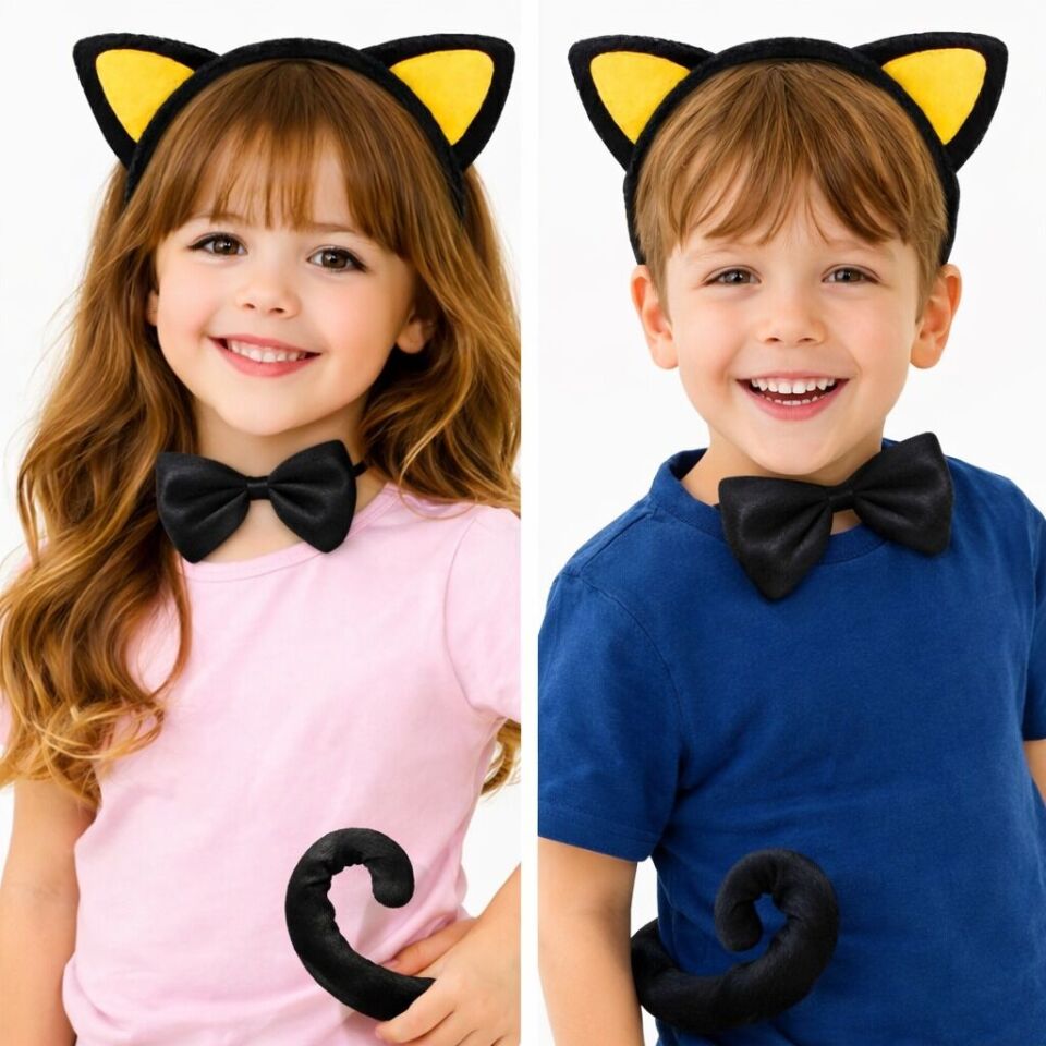 Sarı Kulaklı Kedi Kostüm Seti – Taç Papyon Kuyruk 3 Parça