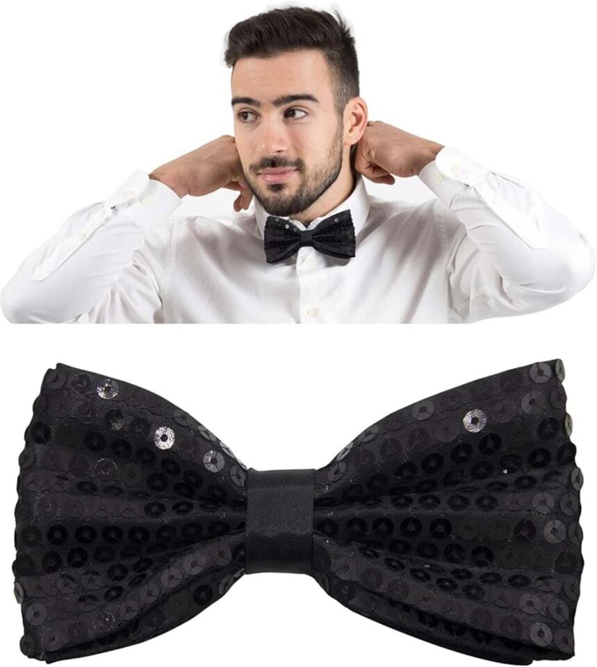 Gece Işıltısı Siyah Payetli Pullu Papyon 7x2 cm